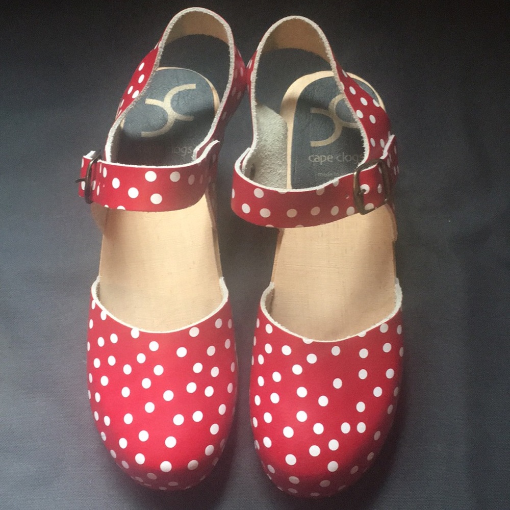 Red polka dot Cape Clogs